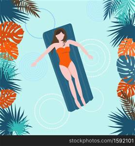 The girl in a swimsuit swims on an air mattress in the pool. Brunette on a summer vacation. tropical leaves. Journey. Flat illustration.. The girl in a swimsuit swims on an air mattress