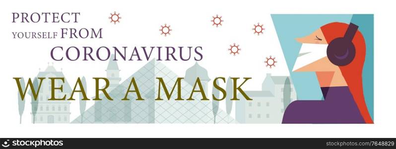 The girl in the medical mask. Please put on your mask. Vector poster encouraging people to wear masks during the coronavirus pandemic.. Please put on your mask. Vector poster encouraging people to wear masks during the coronavirus pandemic.