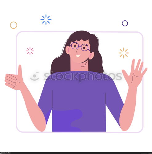 The girl in the window. Online chat. Social networks. A brunette woman in glasses greets and waves a hand. Flat illustration isolated on white background.. The girl in the window. Online chat. Social networks. A brunette woman in glasses greets and waves a hand. Flat illustration