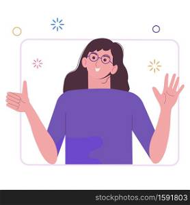The girl in the window. Online chat. Social networks. A brunette woman in glasses greets and waves a hand. Flat illustration isolated on white background.. The girl in the window. Online chat. Social networks. A brunette woman in glasses greets and waves a hand. Flat illustration