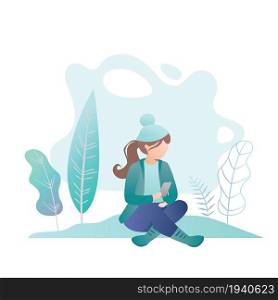 The girl in warm clothes and hat sits with a smartphone in hand,park or landscape on background,vector illustration in trendy style