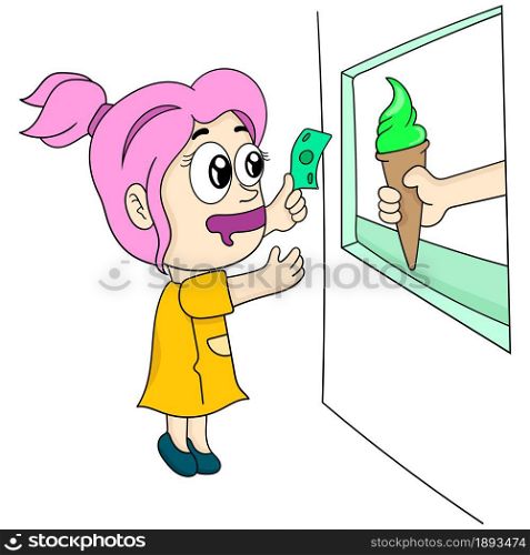 the girl is buying ice cream. cartoon illustration cute sticker