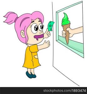 the girl is buying ice cream. cartoon illustration cute sticker