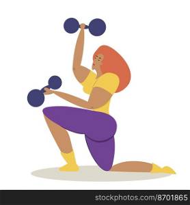 The girl is engaged in sports. A female sports coach with dumbbells in her hands shakes her muscles. Vector flat illustration. The girl is engaged in sports.vector illustration 
