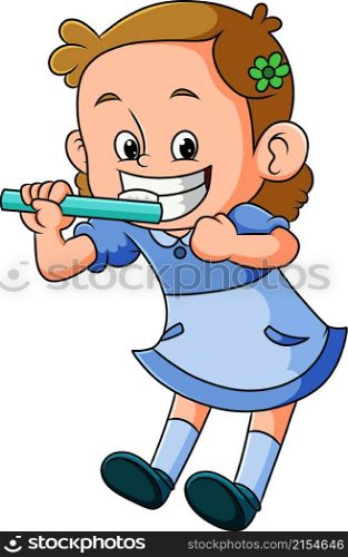 The girl is gesturing how to clean the teeth with the toothbrush
