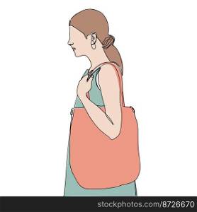 The girl is holding a canvas bag, a shopper bag. Vector image. Ecological illustrations. The girl is holding a canvas bag, a shopper bag. Vector image. Ecological illustrations.