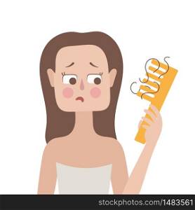 The girl is holding a comb in her hand. There&rsquo;s lost hair on the comb. Alopecia. Hair problems. Vector image on white background
