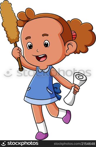 The girl is holding the feather duster and the cloth for clean something