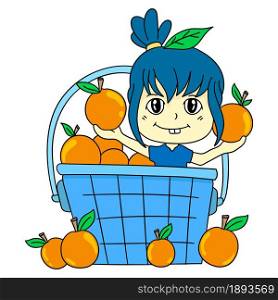 the girl is in the orange basket. cartoon illustration cute sticker