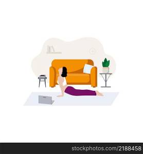 The girl is lying on the floor and doing yoga exercises at home. The concept of online fitness, home training, sports at home. Care for the beauty and health of the body. Vector flat cartoon illustration