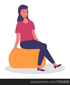 The girl is sitting on a puff flat illustration. Woman waiting for someone during the break. Smiling female character sitting on a bean bag chair isolated on white background. Girl in coworking center. The girl is sitting on a puff flat illustration. Woman waiting waiting for someone during the break