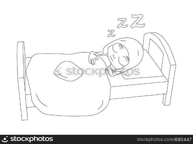 The girl is sleeping on the bed. Cute cartoon character in outline.
