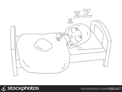 The girl is sleeping on the bed. Cute cartoon character in outline.