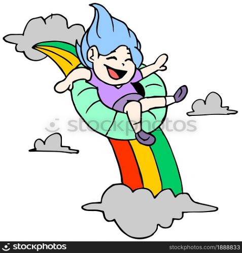 the girl is sliding from the rainbow among the clouds. cartoon illustration sticker mascot emoticon