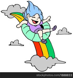 the girl is sliding from the rainbow among the clouds. cartoon illustration sticker mascot emoticon