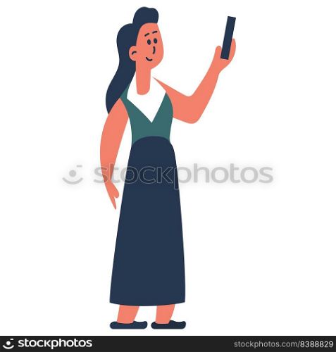 The girl is standing with the phone and person woman vector illustration. Young cartoon female isolated white and happy adult businesswoman character with smartphone. Device communication teenage