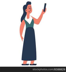 The girl is standing with the phone and person woman vector illustration. Young cartoon female isolated white and happy adult businesswoman character with smartphone. Device communication teenage