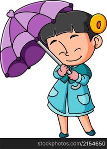 The girl is wearing the raincoat and umbrella to protect from the rainy