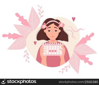 The girl looks at calendar. A beautiful woman with flowers in her hair holds a menstruation calendar on a background of leaves. Vector illustration. Girl menstruation concept and female health