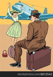 The girl on the suitcase. Passengers at the airport pop art retro style. Tourism and passenger transportation. Passengers at the airport