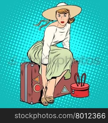 The girl passenger Luggage pop art retro style. A tourist trip. Beautiful lady woman. The girl passenger Luggage