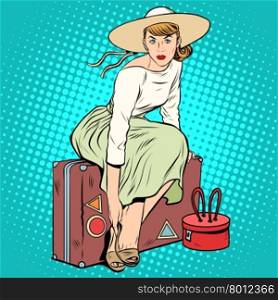 The girl passenger Luggage pop art retro style. A tourist trip. Beautiful lady woman. The girl passenger Luggage
