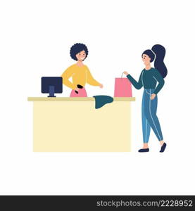 The girl pays for the purchase at the checkout. A woman buys clothes in a store. Vector flat character. Online shopping via the Internet.