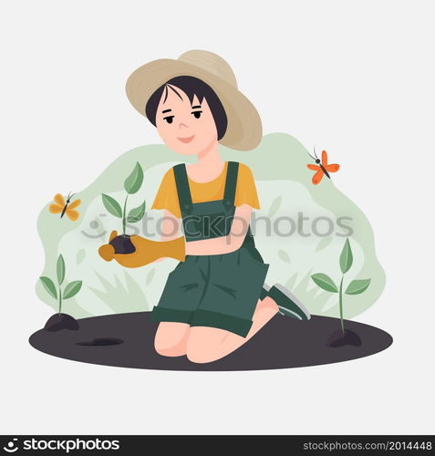 The girl plants plants. Volunteers to work in the garden or park. The concept of raising children to protect nature. Vector illustration