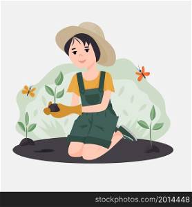 The girl plants plants. Volunteers to work in the garden or park. The concept of raising children to protect nature. Vector illustration