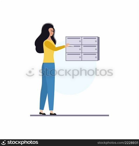 The girl puts a letter in the mailbox. Concept of postal items, mail and newspaper delivery. Vector flat stylized character