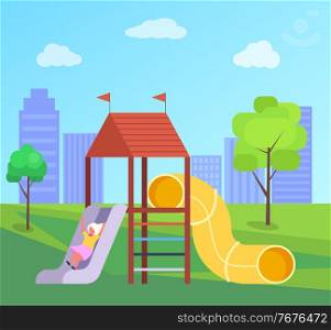 The girl rolls down the slide, children s shell for games. A roll pipe. Child plays in summer park. Girl on playground. Active rest. Summer holidays. Careless happy time. Outdoor activity. Flat image. Girl on the playground. Child rools the slide. hAving fun time in the city park. Vector image