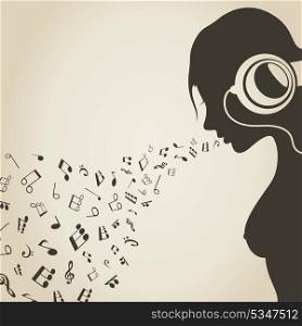 The girl sings the musical note. A vector illustration