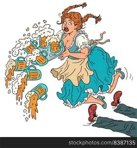 The girl tripped over a drunk customer, drops the beer. a waitress with a beer, in national clothes. Oktoberfest festival, restaurant pub tavern. Comic cartoon hand illustration retro vector style. The girl tripped over a drunk customer, drops the beer. a waitress with a beer, in national clothes. Oktoberfest festival, restaurant pub tavern