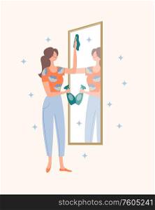 The girl washes the mirror. In the mirror, you can see the girl&rsquo;s reflection. Domestic work. Vector illustration on a light background.. The girl washes the mirror. Domestic work. Vector illustration.