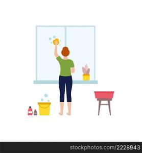 The girl washes the window. A woman is cleaning the window. Potted indoor flowers. The concept of homework