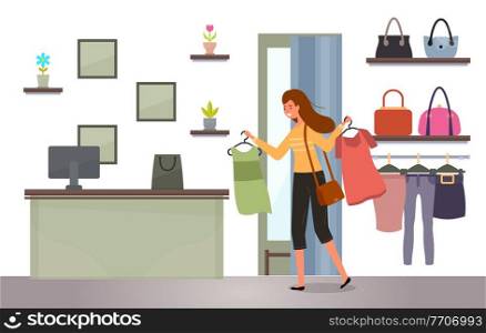 The girl with a hangers with t-shirts in her hands shopping. Buyer is selecting clothes in a store. Young beautiful fashion girl isolated on white background. Woman goes to the checkout with purchases. Girl with a hangers with t-shirts in her hands shopping. Woman goes to the checkout with purchases
