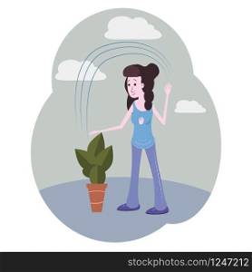 The girl with dark hair in blue watering a plant. Vector cartoon illustration. The girl with dark hair in blue watering a plant. Vector cartoon illustration. Character