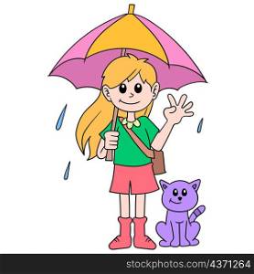 the girl with her pet cat use an umbrella during the rainy season