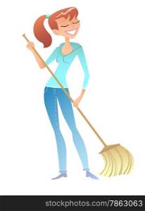 The girl with the broom cleaner housewife volunteer worker at home or in the Park