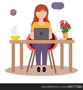 The girl works at home. Work at home. Flat vector illustration.. The girl works at home. Work at home. Flat vector illustration