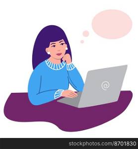 The girl works remotely. Work from home. The concept of online learning or distance education.Cartoon vector illustration. girl works remotely.online learning,education