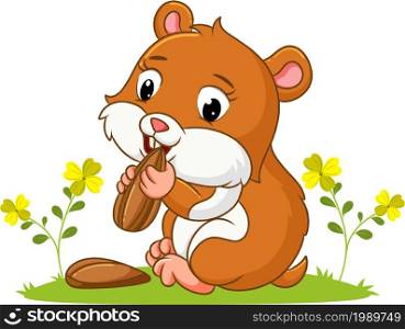 The girly hamster is eating the sunflower seeds in the garden of illustration