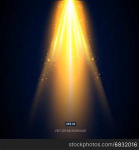 The golden light shines from above the stage on a black background vector