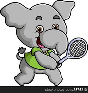 The good elephant is playing badminton and holding a racket
