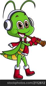 The grasshopper is playing trumpet while wearing headphone