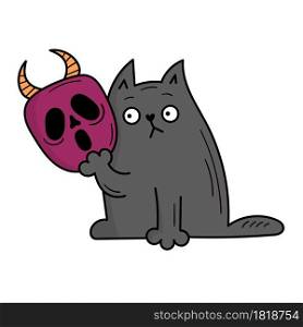 The gray cat is holding a scary mask. Halloween costume. Doodle style illustration