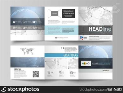 The gray colored minimalistic vector illustration of the editable layout. Two creative covers design templates for square brochure. World globe on blue. Global network connections, lines and dots. The gray colored minimalistic vector illustration of the editable layout. Two creative covers design templates for square brochure. World globe on blue. Global network connections, lines and dots.