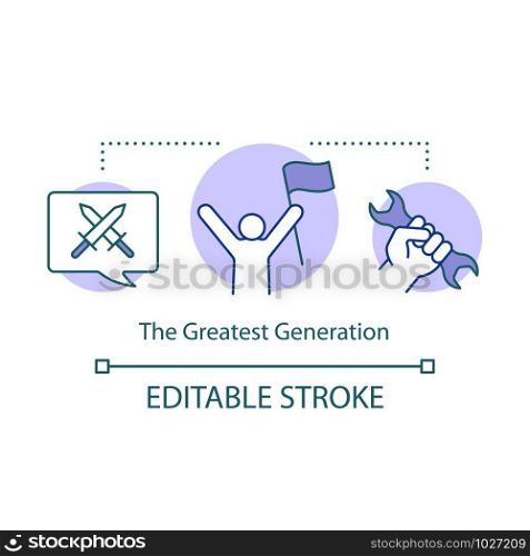The Greatest Generation concept icon. Demographic cohort of World War II. World workers revolution idea thin line illustration. Vector isolated outline drawing. Editable stroke