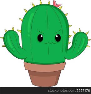 The green cactus grows well in the pot, looks serious, healthy and strong, cartoon flat illustration
