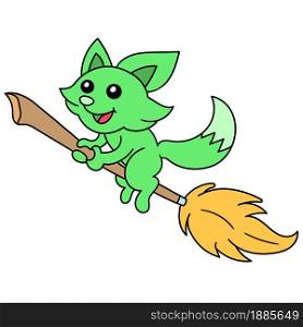 The green fox flew out using a magic broom, doodle icon image. cartoon caharacter cute doodle draw